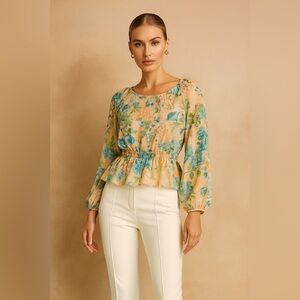 Sis Sis Sheer Long Sleeve Floral Peplum Waist Blouse